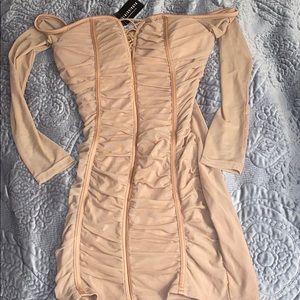 Tan Off the Shoulder Mini Dress